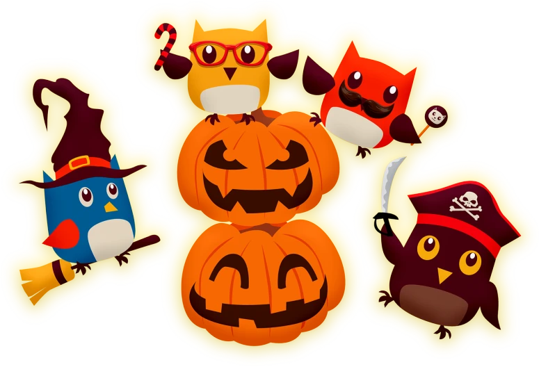 a group of halloween stickers sitting on top of each other, concept art, by Ingrida Kadaka, pixabay, digital art, glowing owl, game icon asset, toyko, inflateble shapes