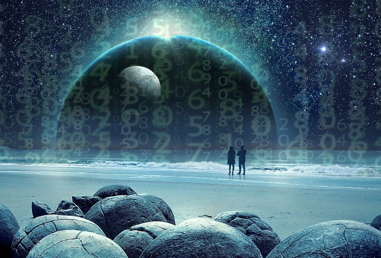 a man standing on top of a beach next to rocks, digital art, inspired by Johfra Bosschart, matrix code, window into space behind them, sacred numbers, the orb of time