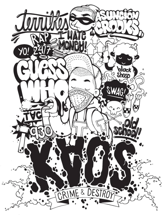 a black and white drawing of a bunch of graffiti, graffiti art, by Keos Masons, mcbess illustration, kid a, background image, yolo