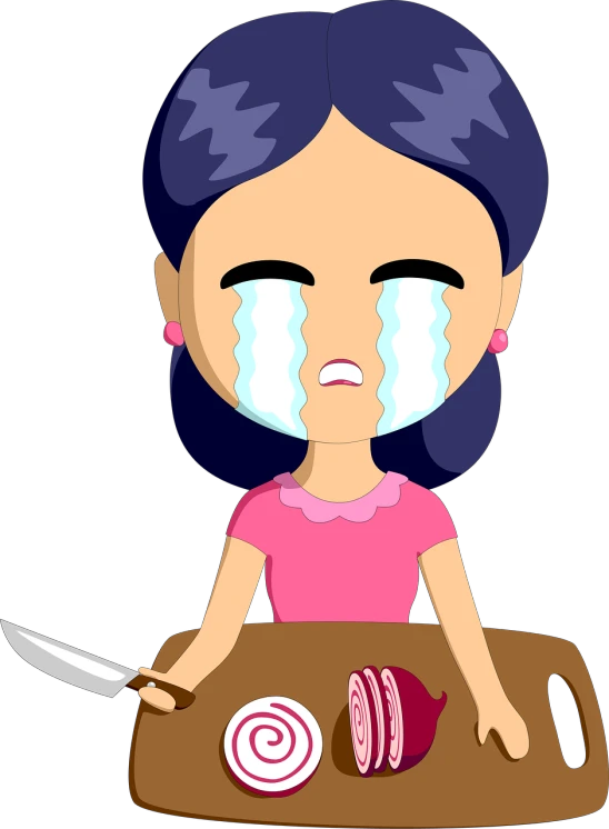 a woman holding a knife in front of a cutting board, a cartoon, pixabay, mingei, crying many tears, anime thai girl, ham, empty and uncany expression