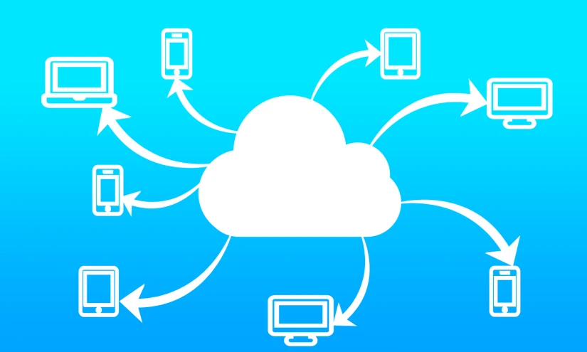 a cloud with several devices connected to it, by Matt Cavotta, shutterstock, created in adobe illustrator, infographics. logo. blue, wallpaper - 1 0 2 4, recognizable