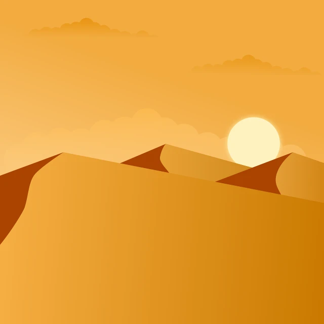 a person riding a horse in the desert, digital art, flat vector art background, deep golden sand desert, sun is in the top, japanese landscape