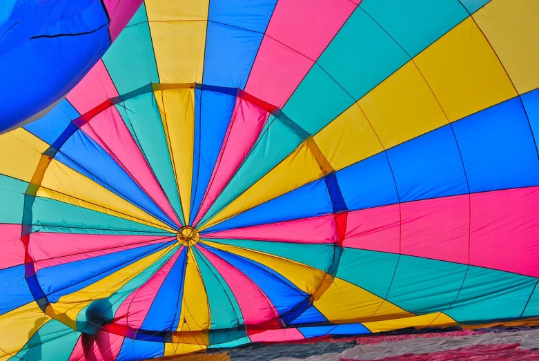 the inside of a colorful hot air balloon, a photo, color field, turquoise pink and yellow, colorful umbrella, colorful”