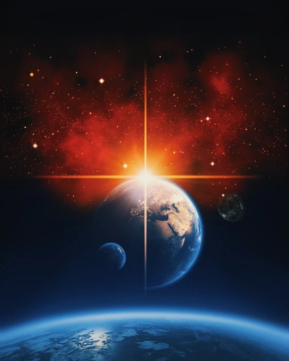 an image of a view of the earth from space, an illustration of, shutterstock, the end of the universe, with two suns in the sky, stock photo