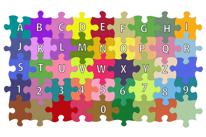 a colorful puzzle piece with letters and numbers, a jigsaw puzzle, by Eugeniusz Zak, pixabay, letterism, full screen, keys, inverse color, cad