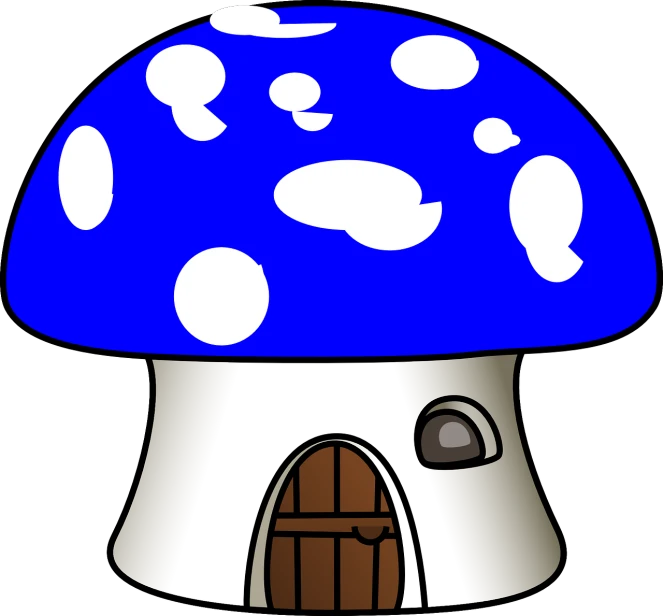 a blue mushroom house with a brown door, a digital rendering, pixabay, mingei, blue scales with white spots, on a flat color black background, mouse photo, cell shaded cartoon