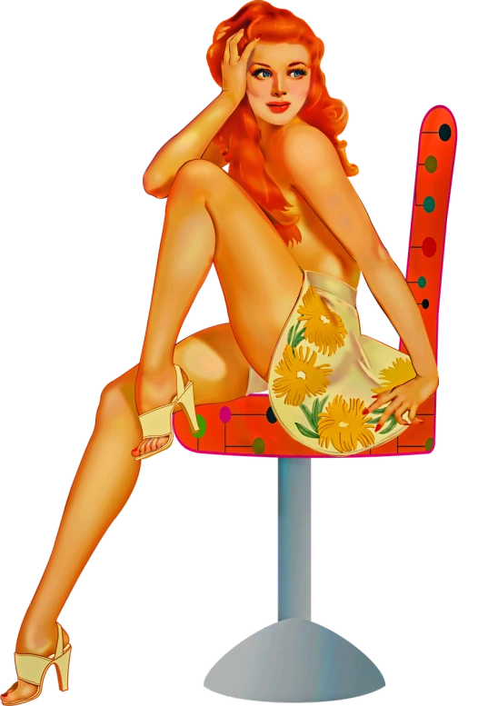 a painting of a woman sitting on a chair, digital art, by Alberto Vargas, pop art, jim warren, redhead girl, lollipop, sunbathing. illustration