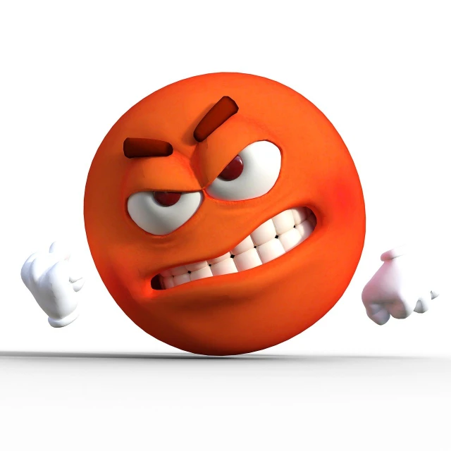 a cartoon orange with a big grin on it's face, digital art, inspired by Heinz Anger, scary angry pose, 3d character, ball, showing anger