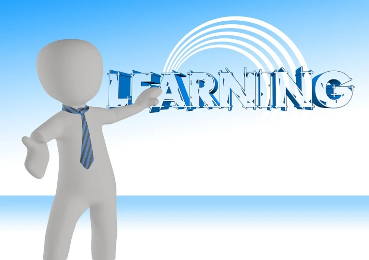 a man in a tie pointing to the word learning, a digital rendering, figure, wikihow illustration, clean background, portlet photo