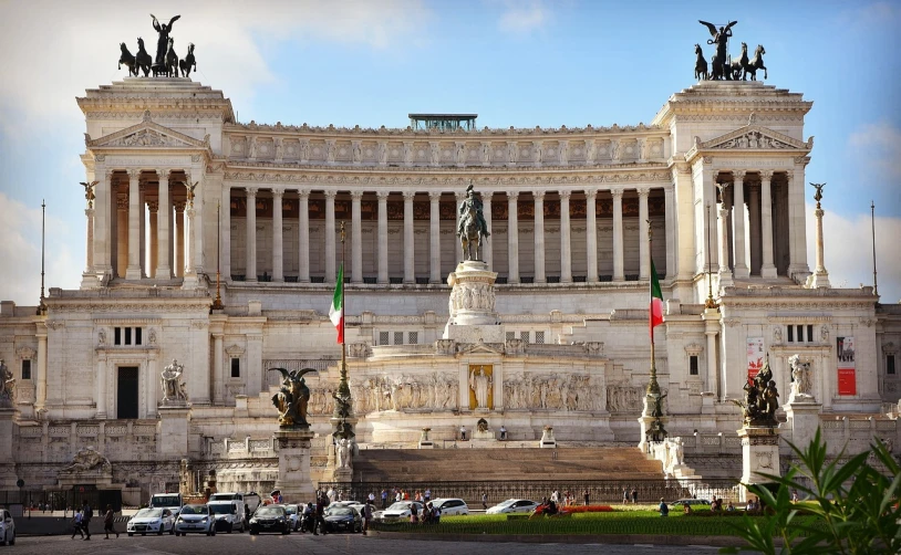 a large building with statues in front of it, by Mirabello Cavalori, shutterstock, all roads lead to rome, italian flag, marble columns in background, elaborate composition