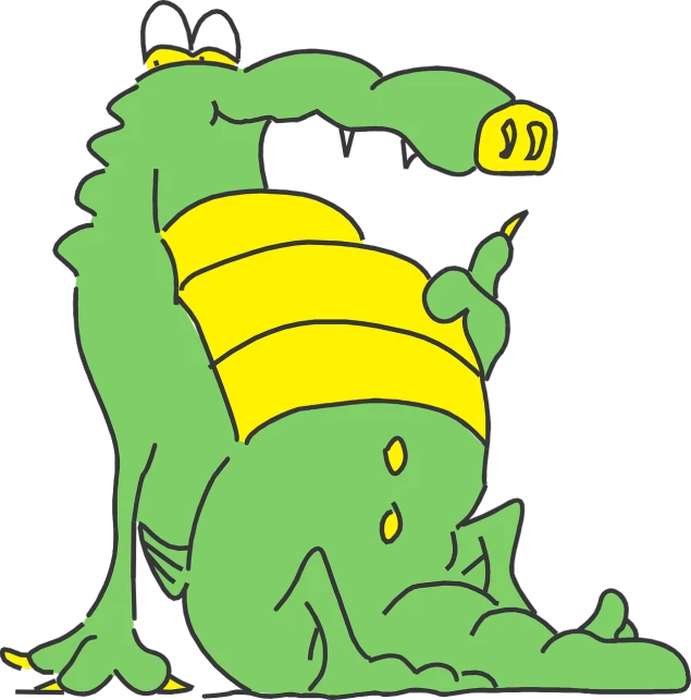 a green and yellow alligator wearing a yellow shirt, inspired by Ed Roth, deviantart, fat ripped satanic creature, hunched over, hergé, cartoon image