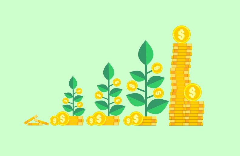 a stack of coins sitting on top of a pile of coins, a digital rendering, naive art, big leaves and stems, flat vector, green charts, background image