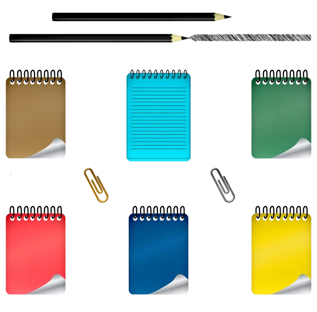 a set of notepads and a pencil on a black background, a digital rendering, inspired by Masamitsu Ōta, color vector, very sharp photo, metal, various items