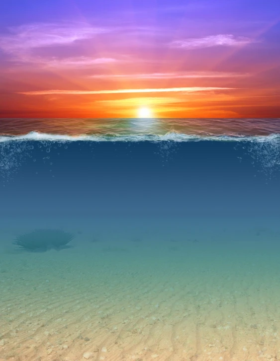 a large body of water with a sunset in the background, an illustration of, by Kuno Veeber, shutterstock, half submerged in heavy sand, bottom of ocean, liquid simulation background, bottom of the ocean