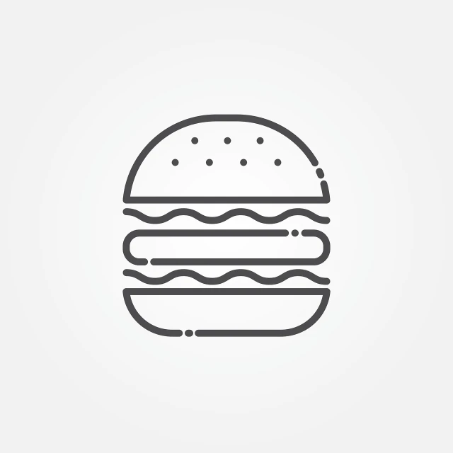 a black and white picture of a hamburger, vector art, shutterstock, visual art, minimalistic logo, on a gray background, rounded lines, flat icon