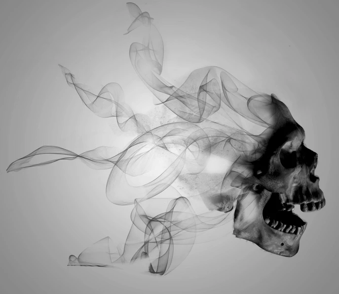a black and white photo of a skull with smoke coming out of it, digital art, pexels, digital art, minimalist wallpaper, fire from mouth, colorful smoke, skulls are lying underneath