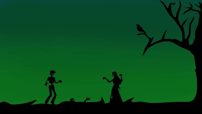 a couple of people that are standing in the grass, inspired by Lotte Reiniger, deviantart contest winner, conceptual art, desolate with zombies, green screen background, mobile wallpaper, epic multifigures composition