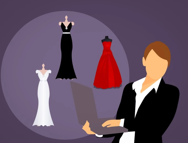 a man in a tuxedo holding a laptop computer, by Gina Pellón, trending on pixabay, digital art, wearing a long dress, mannequins, a person standing in front of a, presenting wares