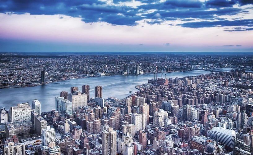 a view of a city from the top of a building, by Jakob Gauermann, shutterstock, digital art, new york harbour, 4 k detail, hdr photo, stock image