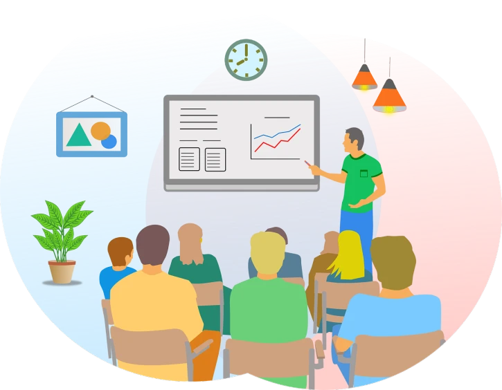 a man giving a presentation to a group of people, a digital rendering, by Wayne England, shutterstock, academic art, colored projections, classroom background, !!! very coherent!!! vector art, worksafe. illustration