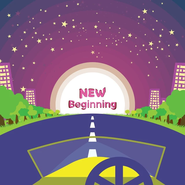 a picture of a road with a wheel in the middle of it, an illustration of, trending on pixabay, happening, the beginning of the universe, cartoon style illustration, dawn of a new world, night city on the background
