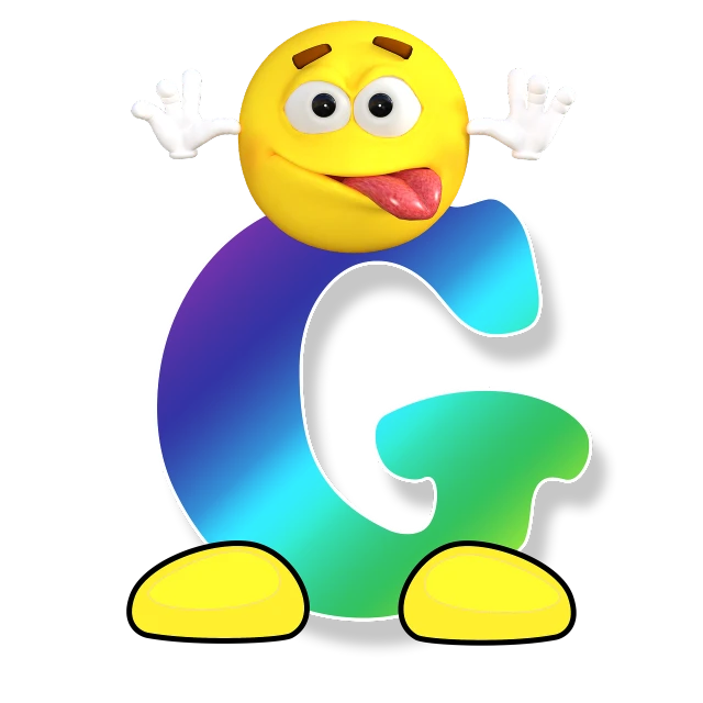 a colorful letter g with a smiley face, pose 1 of 1 6, with funny feeling, with a black background, 😃😀😄☺🙃😉😗