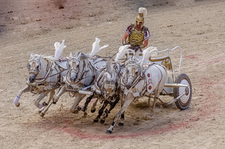 a man riding on the back of a horse drawn carriage, by Harold von Schmidt, shutterstock, in a gladiators arena landscape, dynamic action shot, in a row, white horns