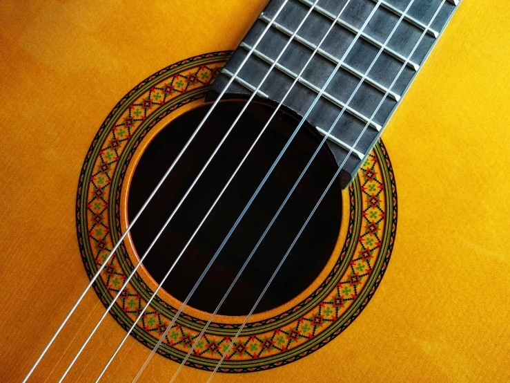 a close up of a guitar with strings, by Juan O'Gorman, flickr, arabesque, virtuosic level detail, iphone photo, ocher details, high resolution details