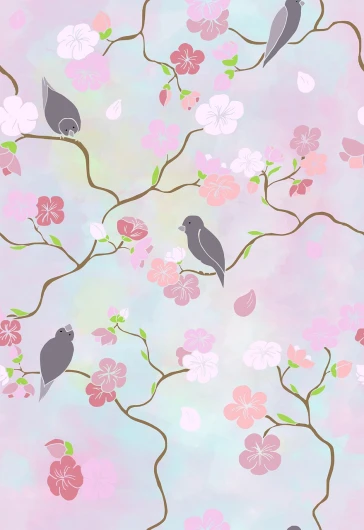 a couple of birds sitting on top of a tree branch, vector art, inspired by Koson Ohara, art nouveau, pastel flowery background, anime screenshot pattern, cherry blossom rain everywhere, blurred and dreamy illustration