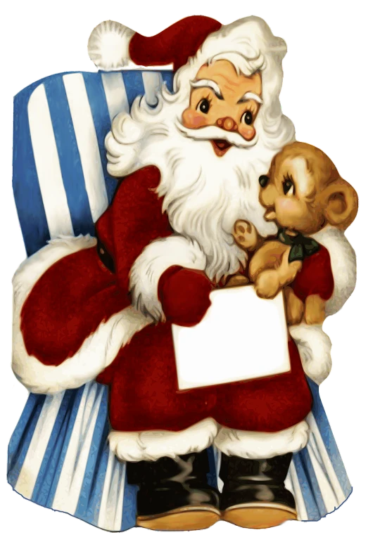 a santa claus sitting in a chair holding a teddy bear, a digital rendering, by Bob Ringwood, pexels, graffiti, 1950s, ornament, document photo, closeup!!!!!!