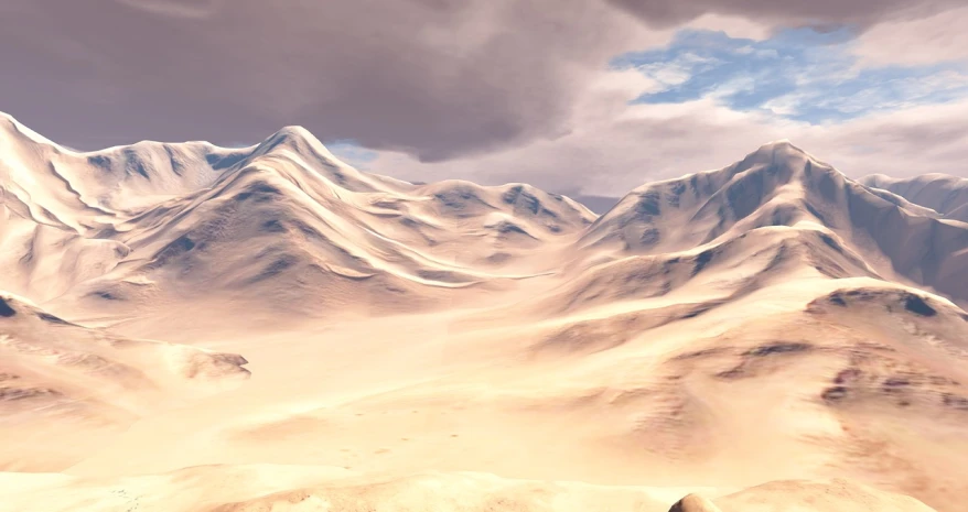 a man riding a snowboard on top of a snow covered mountain, a matte painting, inspired by John Martin, trending on cg society, digital art, sand storm approaching, distant mountains lights photo, high definition screenshot