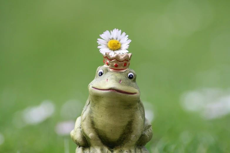 a statue of a frog with a flower on its head, a picture, queen of nature, happy friend, focus on the object, daisy
