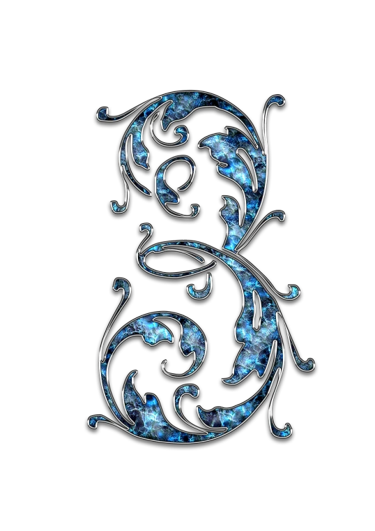 a close up of a snowman on a black background, a digital rendering, art nouveau, fractal blue leaves, letter s, 3 d design for tattoo, made out of shiny white metal