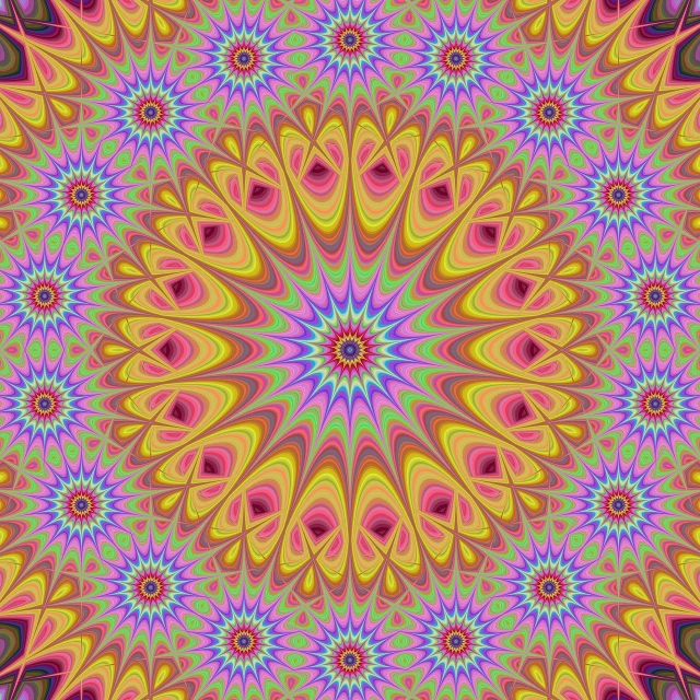 a psychedelic psychedelic psychedelic psychedelic psychedelic psychedelic psychedelic psychedelic psychedelic psychedelic psychedelic psychedelic psychedelic psychedelic psychedelic psychedelic psychedelic, a digital rendering, inspired by Victor Moscoso, trending on pixabay, beautiful moorish ornament, pink yellow flowers, multiple purple halos, centered radial design