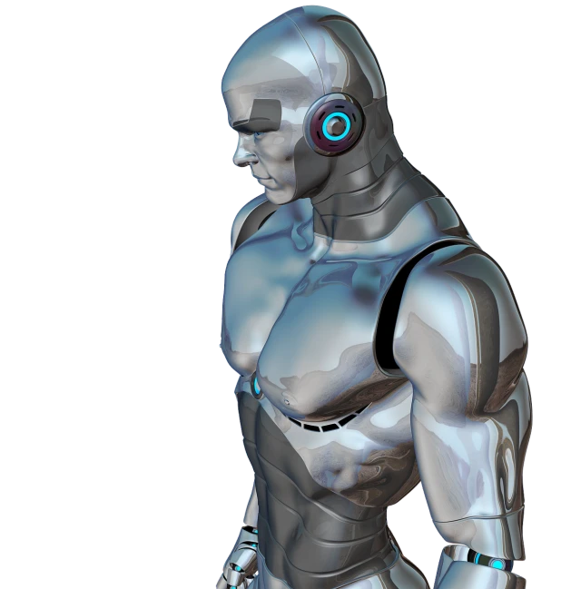 a silver robot standing in front of a black background, a digital rendering, trending on cg society, who is a male android, looking across the shoulder, anatomically correct android, barbie cyborg