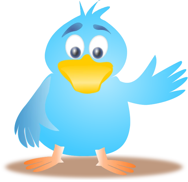 a cartoon blue bird with a yellow beak, an illustration of, trending on pixabay, happening, waving and smiling, a wooden, social media, light blue skin