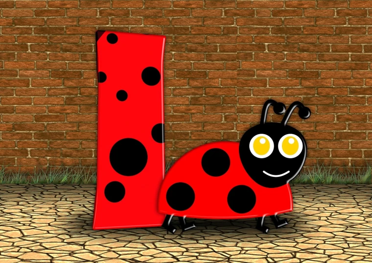 a red and black ladybug next to a brick wall, a digital rendering, letterism, children's cartoon, r-number, flash photo, istockphoto