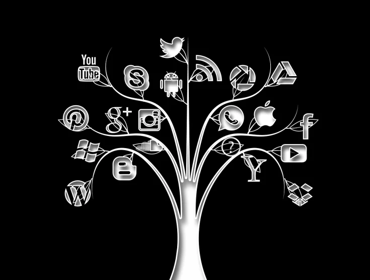 a black and white image of a tree with social icons, digital art, by Mirko Rački, trending on pixabay, digital art, silver, alex yanes, case, yummy