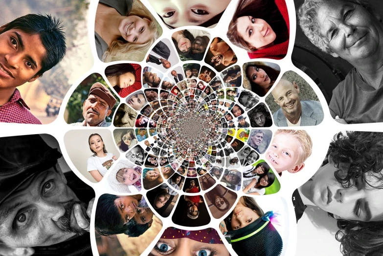 a collage of black and white pictures of people, by Jon Coffelt, shutterstock contest winner, eyes are colorful spirals, radial symmetry, diverse species, !!!! very coherent!!!!