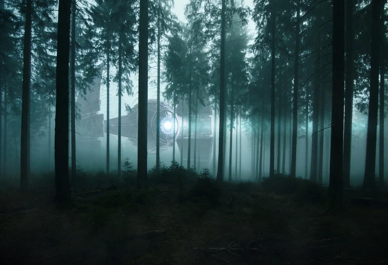 a house in the middle of a forest on a foggy day, inspired by Filip Hodas, digital art, aurora spaceship environment, lights through fog, photograph captured in a forest, fir forest