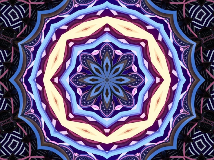 a close up of a circular design on a black background, a digital rendering, inspired by Adolf Wölfli, abstract illusionism, purple and blue colored, symmetry illustration, beautiful moorish ornament, in style of futurism.digital art