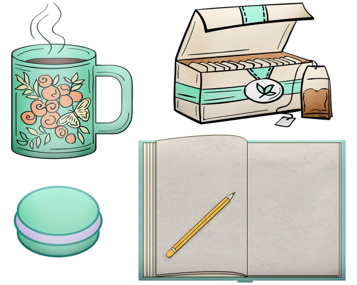 a cup of coffee next to a book and a cup of tea, inspired by Masamitsu Ōta, trending on pixabay, digital art, black and teal paper, super detail of each object, various items, colored lineart