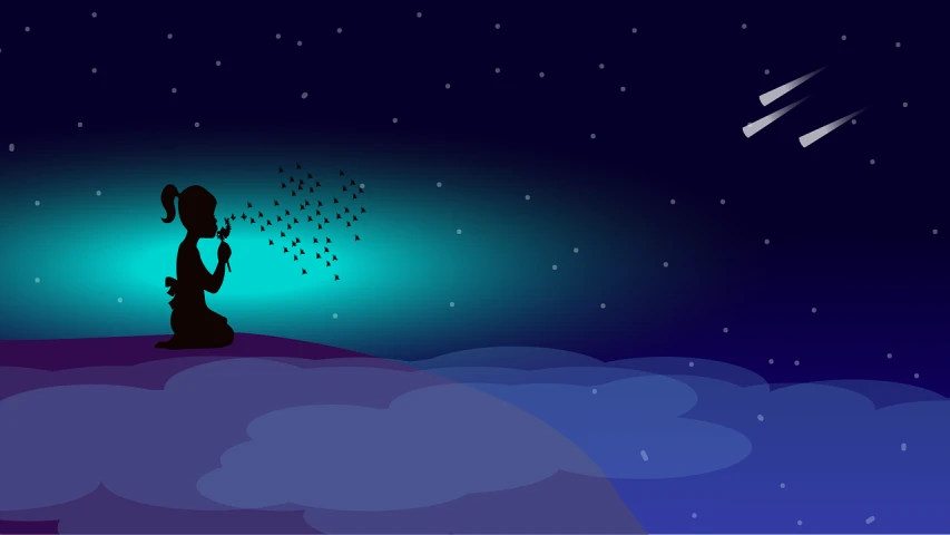 a person standing on top of a hill under a night sky, vector art, conceptual art, sitting in a fluffy cloud, banner, girl looks at the space, bioluminescent atmosphere