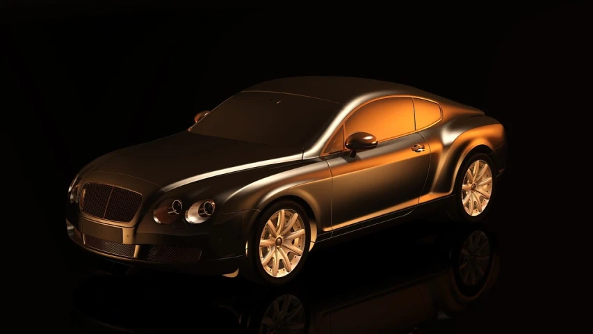 a close up of a car on a reflective surface, a 3D render, polycount contest winner, bentley, with dramatic lighting, gold glow, high-contrast lighting