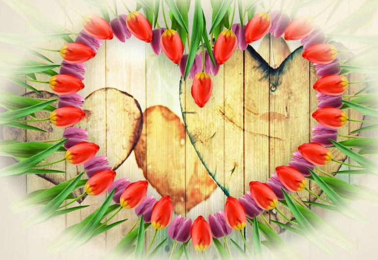 a heart made out of red and yellow tulips, a picture, romanticism, beautiful art uhd 4 k, wood, inside stylized border, hut