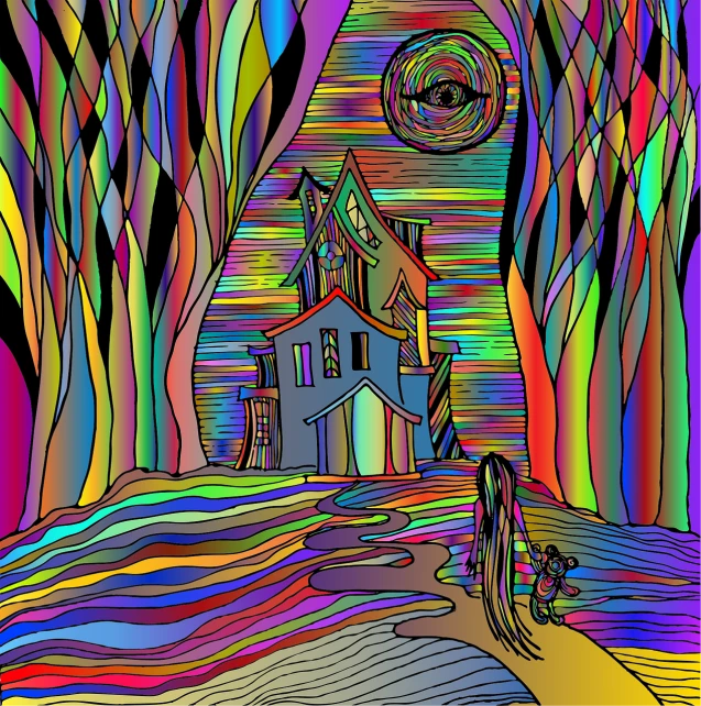 a drawing of a house in the woods, psychedelic art, multicolored vector art, woman in a dark forest, twisted turn of fate abstraction, scarry castle). mystical