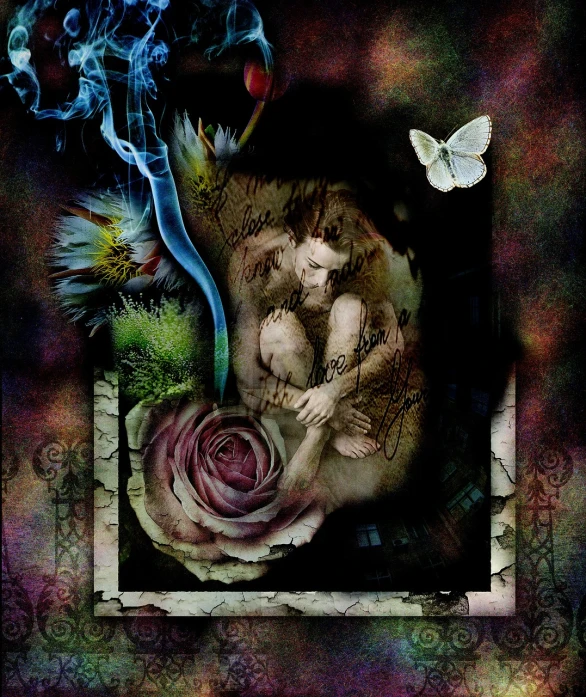 a painting of a woman sitting on top of a flower, digital art, inspired by Brian and Wendy Froud, romanticism, smoking, photomontage, rose twining, of romanticism a center image