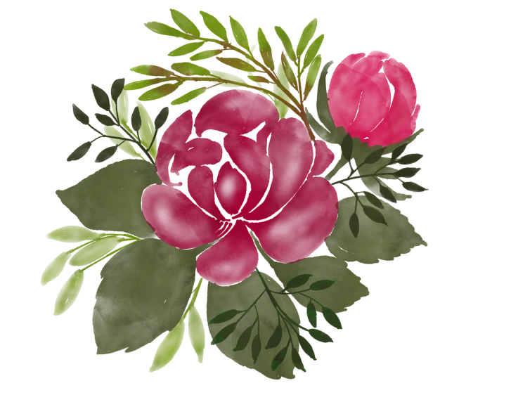 a bunch of red flowers with green leaves, a digital painting, inspired by Rose Henriques, black backround. inkscape, peony, loosely cropped, russian