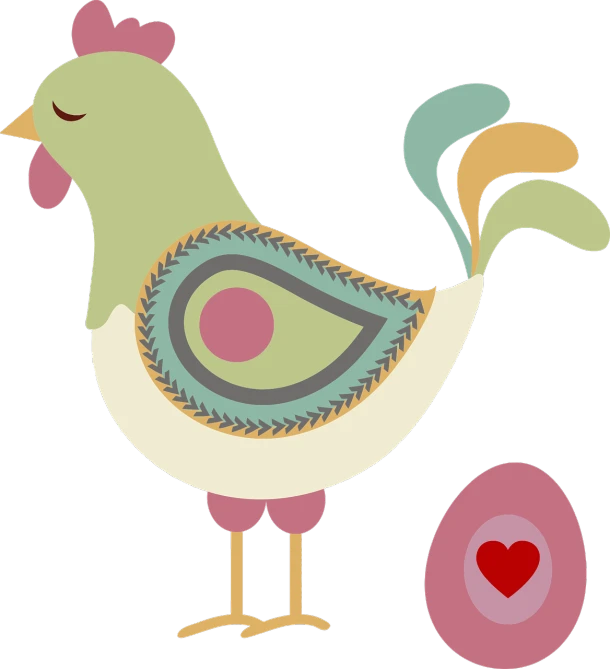 a cartoon chicken standing next to an egg, an illustration of, inspired by Károly Patkó, pixabay contest winner, naive art, emma bridgewater and paperchase, !female, heart, persian folkore illustration