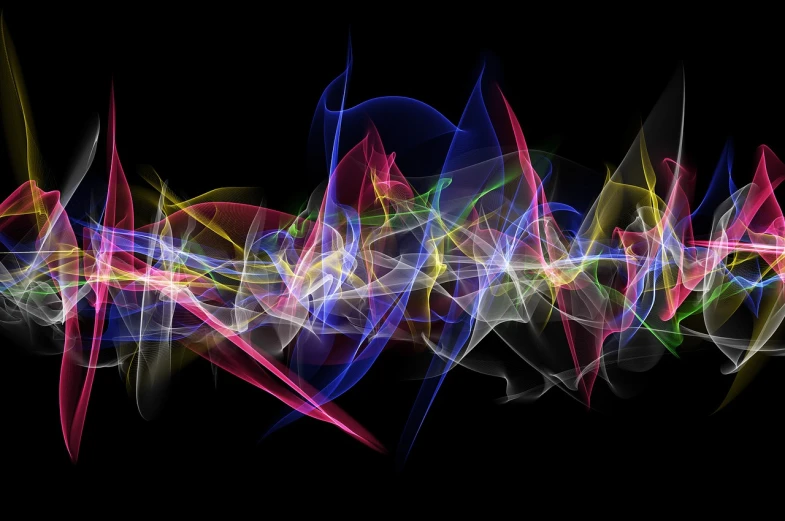 a group of colorful lights on a black background, digital art, inspired by Lorentz Frölich, generative art, wisps of smoke, flowing curves, synthewave, summer 2016